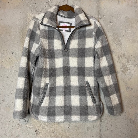 Cozy Sherpa gray white gingham checkered pullover - Picture 2 of 5